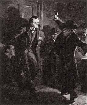 BEFORE OUR PRISONER HAD RECOVERED HIS BALANCE THE DOOR WAS SHUT AND HOLMES STANDING WITH HIS BACK AGAINST IT.
