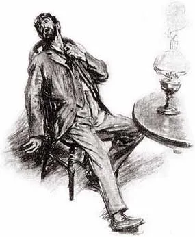 BESIDE IT SAT THE DEAD MAN, LEANING BACK IN HIS CHAIR.